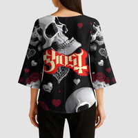 Ghost Valentine Kimono Sleeve Blouse with Rockets Skull Heart Pattern