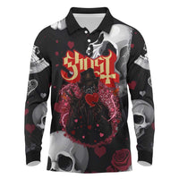 Ghost Valentine Long Sleeve Polo Shirt with Rockets Skull Heart Pattern