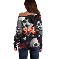 Ghost Valentine Off Shoulder Sweater with Rockets Skull Heart Pattern