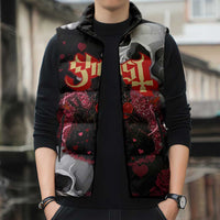 Ghost Valentine Sleeveless Puffer Jacket with Rockets Skull Heart Pattern