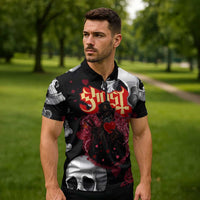 Ghost Valentine Zipper Polo Shirt with Rockets Skull Heart Pattern