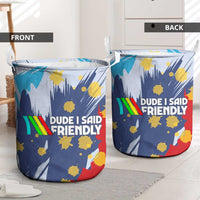 Dude I Said Friendly Graphic Laundry Basket with Gold Paint Splatter and Retro Stripes