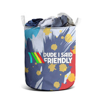 Dude I Said Friendly Graphic Laundry Basket with Gold Paint Splatter and Retro Stripes