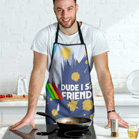 Dude I Said Friendly Graphic Apron with Gold Paint Splatter and Retro Stripes