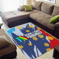 Dude I Said Friendly Graphic Area Rug with Gold Paint Splatter and Retro Stripes