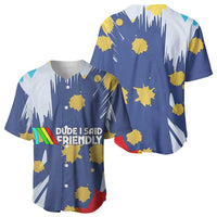 Dude I Said Friendly Graphic Baseball Jersey with Gold Paint Splatter and Retro Stripes