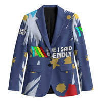 Dude I Said Friendly Graphic Blazer with Gold Paint Splatter and Retro Stripes