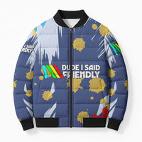 Dude I Said Friendly Graphic Bomber Puffer Jacket with Gold Paint Splatter and Retro Stripes