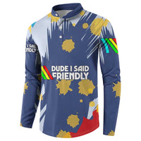 Dude I Said Friendly Graphic Button Sweatshirt with Gold Paint Splatter and Retro Stripes