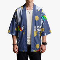 Dude I Said Friendly Graphic Kimono with Gold Paint Splatter and Retro Stripes