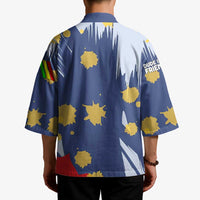 Dude I Said Friendly Graphic Kimono with Gold Paint Splatter and Retro Stripes