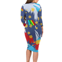 Dude I Said Friendly Graphic Long Sleeve Bodycon Dress with Gold Paint Splatter and Retro Stripes