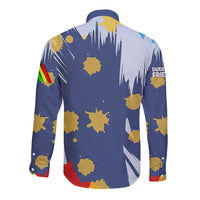 Dude I Said Friendly Graphic Long Sleeve Button Shirt with Gold Paint Splatter and Retro Stripes