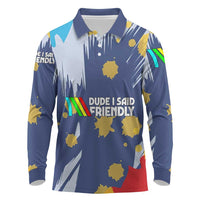 Dude I Said Friendly Graphic Long Sleeve Polo Shirt with Gold Paint Splatter and Retro Stripes