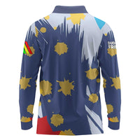 Dude I Said Friendly Graphic Long Sleeve Polo Shirt with Gold Paint Splatter and Retro Stripes
