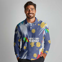Dude I Said Friendly Graphic Long Sleeve Polo Shirt with Gold Paint Splatter and Retro Stripes