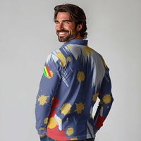 Dude I Said Friendly Graphic Long Sleeve Polo Shirt with Gold Paint Splatter and Retro Stripes