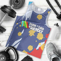 Dude I Said Friendly Graphic Men Tank Top with Gold Paint Splatter and Retro Stripes
