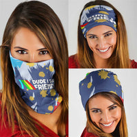Dude I Said Friendly Graphic Neck Gaiter with Gold Paint Splatter and Retro Stripes
