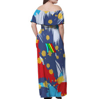 Dude I Said Friendly Graphic Off Shoulder Maxi Dress with Gold Paint Splatter and Retro Stripes