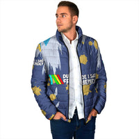 Dude I Said Friendly Graphic Padded Jacket with Gold Paint Splatter and Retro Stripes