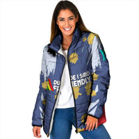 Dude I Said Friendly Graphic Padded Jacket with Gold Paint Splatter and Retro Stripes