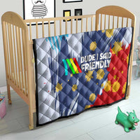 Dude I Said Friendly Graphic Quilt with Gold Paint Splatter and Retro Stripes