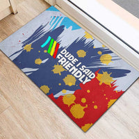 Dude I Said Friendly Graphic Rubber Doormat with Gold Paint Splatter and Retro Stripes