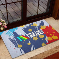 Dude I Said Friendly Graphic Rubber Doormat with Gold Paint Splatter and Retro Stripes