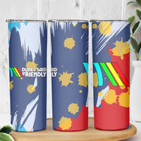 Dude I Said Friendly Graphic Skinny Tumbler with Gold Paint Splatter and Retro Stripes