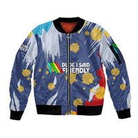Dude I Said Friendly Graphic Sleeve Zip Bomber Jacket with Gold Paint Splatter and Retro Stripes