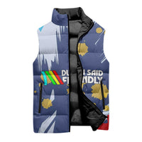 Dude I Said Friendly Graphic Sleeveless Puffer Jacket with Gold Paint Splatter and Retro Stripes