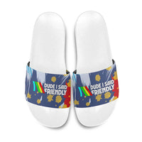 Dude I Said Friendly Graphic Slide Sandals with Gold Paint Splatter and Retro Stripes