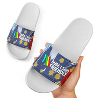 Dude I Said Friendly Graphic Slide Sandals with Gold Paint Splatter and Retro Stripes