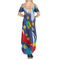 Dude I Said Friendly Graphic Summer Maxi Dress with Gold Paint Splatter and Retro Stripes