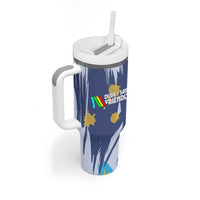 Dude I Said Friendly Graphic Tumbler With Handle with Gold Paint Splatter and Retro Stripes