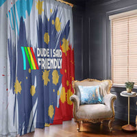 Dude I Said Friendly Graphic Window Curtain with Gold Paint Splatter and Retro Stripes