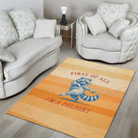 First Of All Raccoon Humor Area Rug with Vintage Orange Stripes