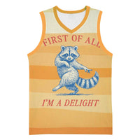 First Of All Raccoon Humor Basketball Jersey with Vintage Orange Stripes