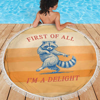 First Of All Raccoon Humor Beach Blanket with Vintage Orange Stripes