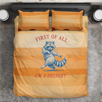 First Of All Raccoon Humor Bedding Set with Vintage Orange Stripes