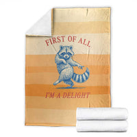 First Of All Raccoon Humor Blanket with Vintage Orange Stripes