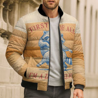 First Of All Raccoon Humor Bomber Puffer Jacket with Vintage Orange Stripes