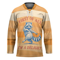 First Of All Raccoon Humor Hockey Jersey with Vintage Orange Stripes