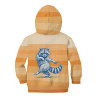 First Of All Raccoon Humor Kid Hoodie with Vintage Orange Stripes