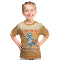 First Of All Raccoon Humor Kid T Shirt with Vintage Orange Stripes