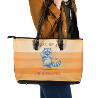 First Of All Raccoon Humor Leather Tote Bag with Vintage Orange Stripes