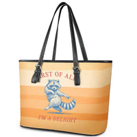 First Of All Raccoon Humor Leather Tote Bag with Vintage Orange Stripes