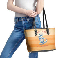 First Of All Raccoon Humor Leather Tote Bag with Vintage Orange Stripes