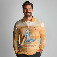 First Of All Raccoon Humor Long Sleeve Polo Shirt with Vintage Orange Stripes